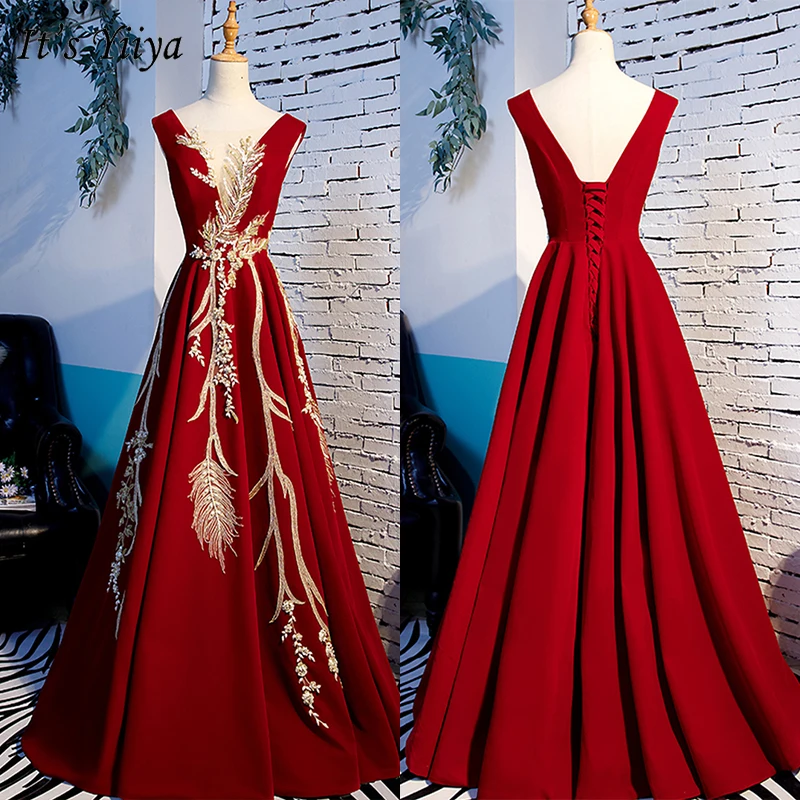 It's Yiya вечернее платье бордовый цветочный принт без рукавов v-образный вырез Платье трапециевидного силуэта de Soiree женские вечерние длинные платья E1003