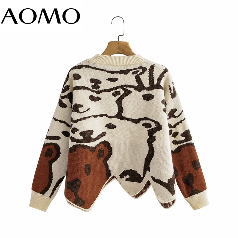 

AOMO Women 2021 Fashion Animal Crop Knitted Sweater Jumper Female Elegant Oversize Pullovers Chic Tops 1F259A