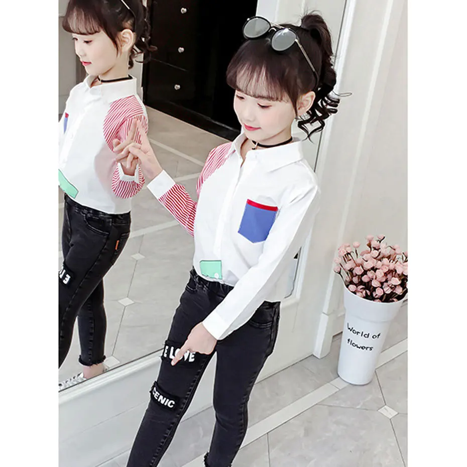 Белая блузка для девочек лоскутные рубашки полосатая детская осенняя школьная