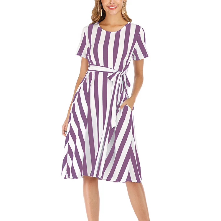 

Donsignet Women's Dress Fashion Spring and Summer Striped Lace Pockets Big Swing Short Sleeves Round Neck Pullover Dresses