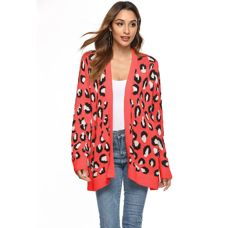 

Leopard Print Cardigan Mid-length Sweater Women's Split Knit Jacket Autumn Winter New Women's Clothing In Europe and America
