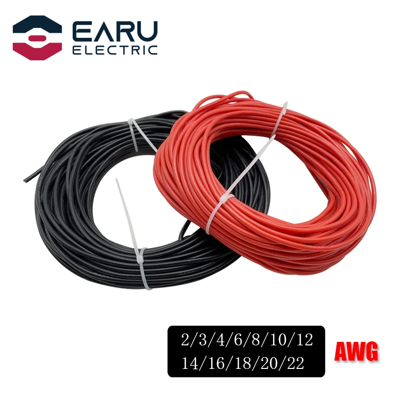 1-100M Heat-resistant Soft Electrical Silicone Wire Cable 8 10 12 14 16 18 20 22 24 26 28 30 AWG Red 5M Black Color for RC DIY |