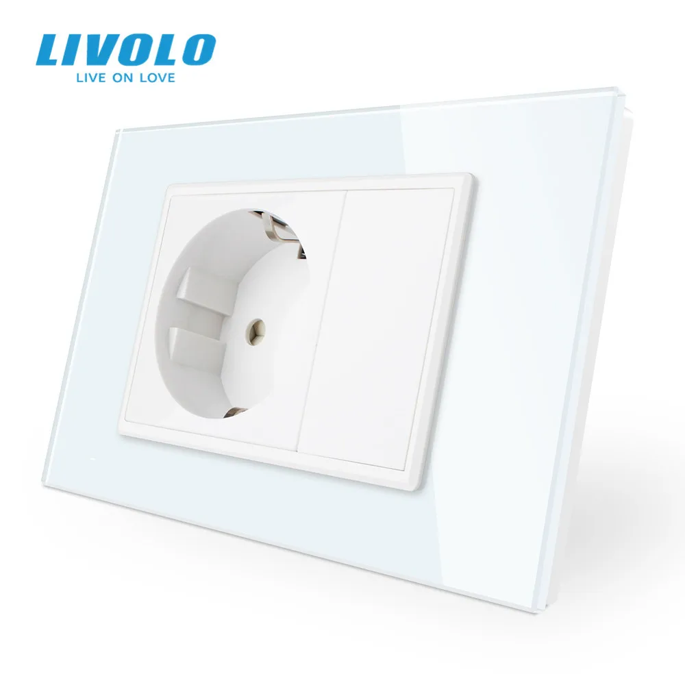 

Livolo EU Power Socket, White/Black Crystal Glass Panel, AC 110~250V 16A Wall Power Socket, VL-C9C1EU-11/12