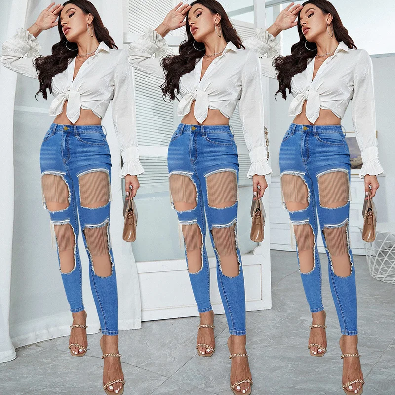 

Ripped Jeans Women's Casual Slim Solid Color Tassel Stitching Jeans Autumn Sexy Button High Waist Denim Pencil Pants