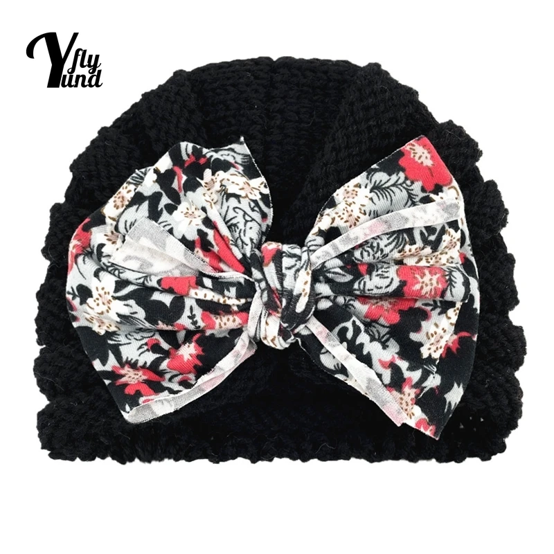 Yundfly estampado Vintage Bowknot sombreros de beb&eacute; del oto&ntilde;o y el invierno de la moda caliente tejer gorras de lana de los ni&ntilde;os sombreros Ropa Decoraci&oacute;n-4