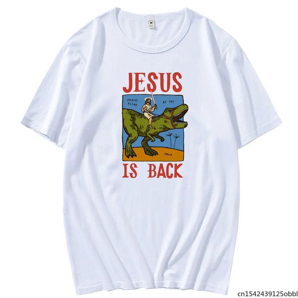 Летняя модная уличная одежда с принтом Иисуса и динозавра, повседневная мужская футболка с коротким рукавом, топы в стиле Харадзюку