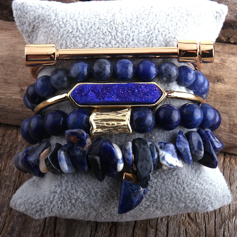 Женский комплект браслетов из натурального камня и друзы 5 шт.|Плетеные браслеты|