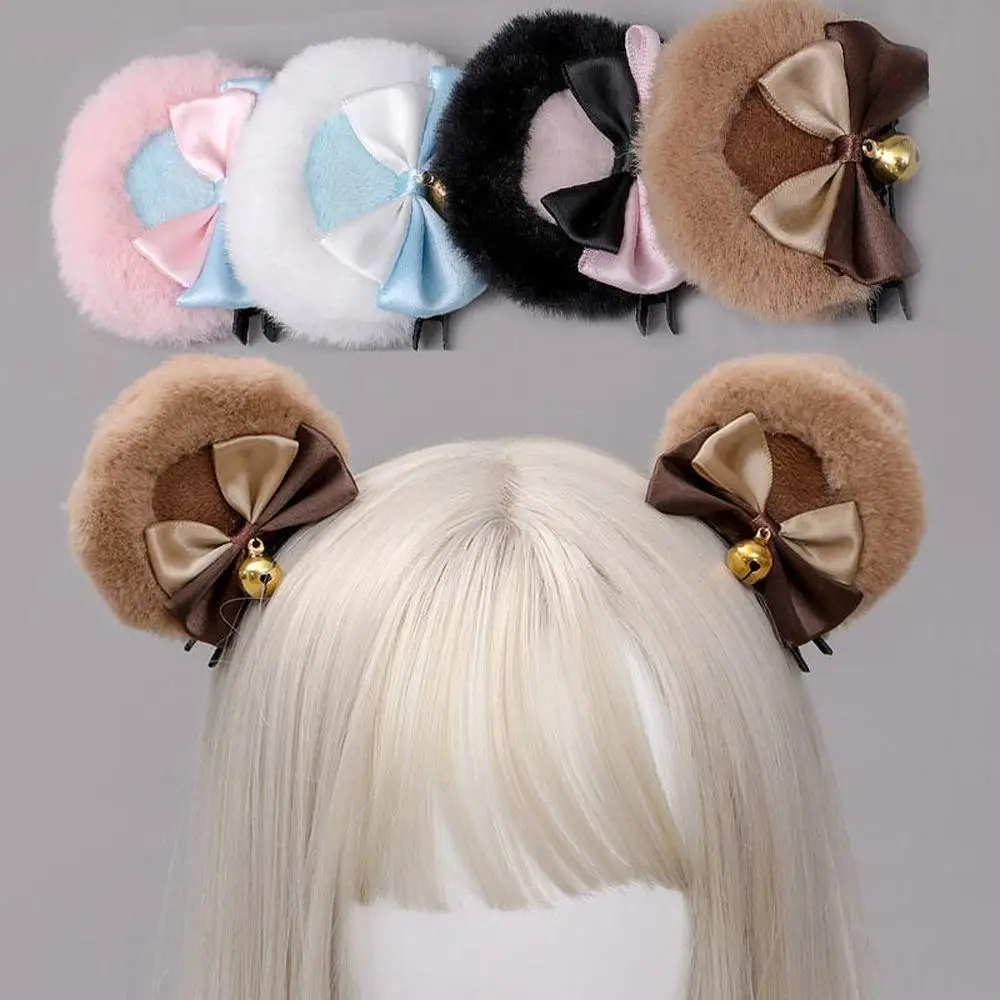

Janpanese Handmade Round Bear Ears Hair Clip Sweet Double Bowknot Bell Plush Animal Hairpins Anime Lolita Cosplay Barrette