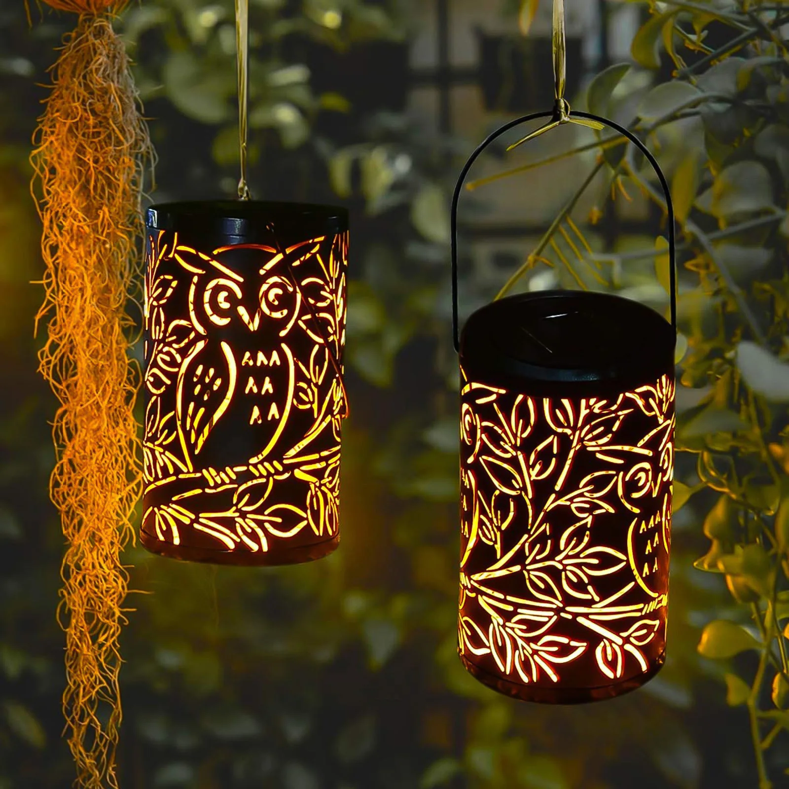 

Intelligent Light Control Waterproof Wrought Iron LED Lamp Solar Lawn Decorative Lamp With Hollow Owl Flower Pattern For Garden