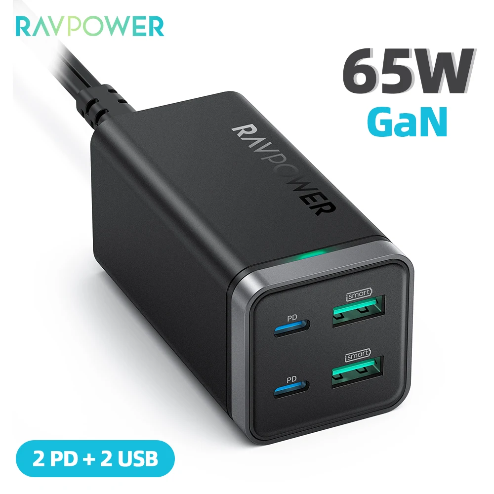 

RAVPower GaN USB Charger 65W 4-Port Desktop USB Charging Station with 2 USB C Ports 2 USB A Ports for Laptop iPhone 12 MacBook