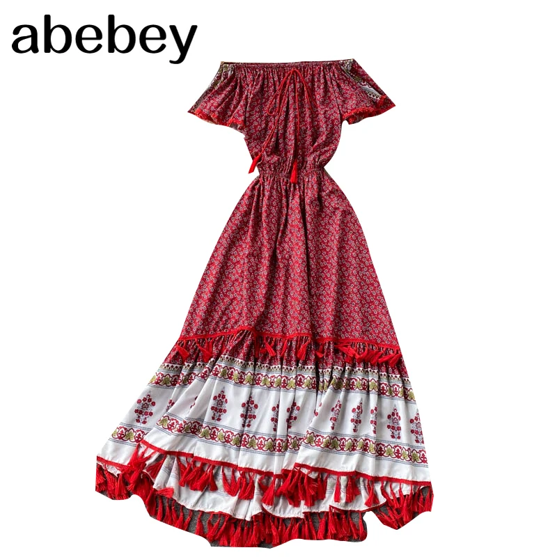 

Women Retro Print Max Dress Slash Neck Short Sleeve Tassel A-line Dress Summer Boho Off Shoulder Holiday Long Sundress