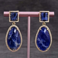 natural 18k gold plated cz faceted blue sodalite stone dangle stud earrings