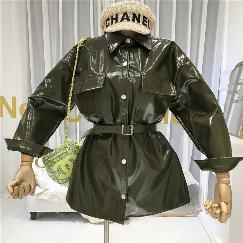 Женская куртка из искусственной кожи осень 2019 Новинка Яркое пальто средней длины