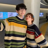 couple sweaters pullovers women autumn retro striped oversize sweater ulzzang bf unisex knit sweater japanese jumper couples top