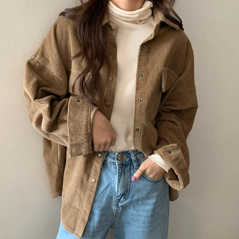 

Spring New Women Solid Corduroy Shirts Jackets Full Sleeve Turn-Down Collar Oversize Coats Casual Autumn Basic Outwear