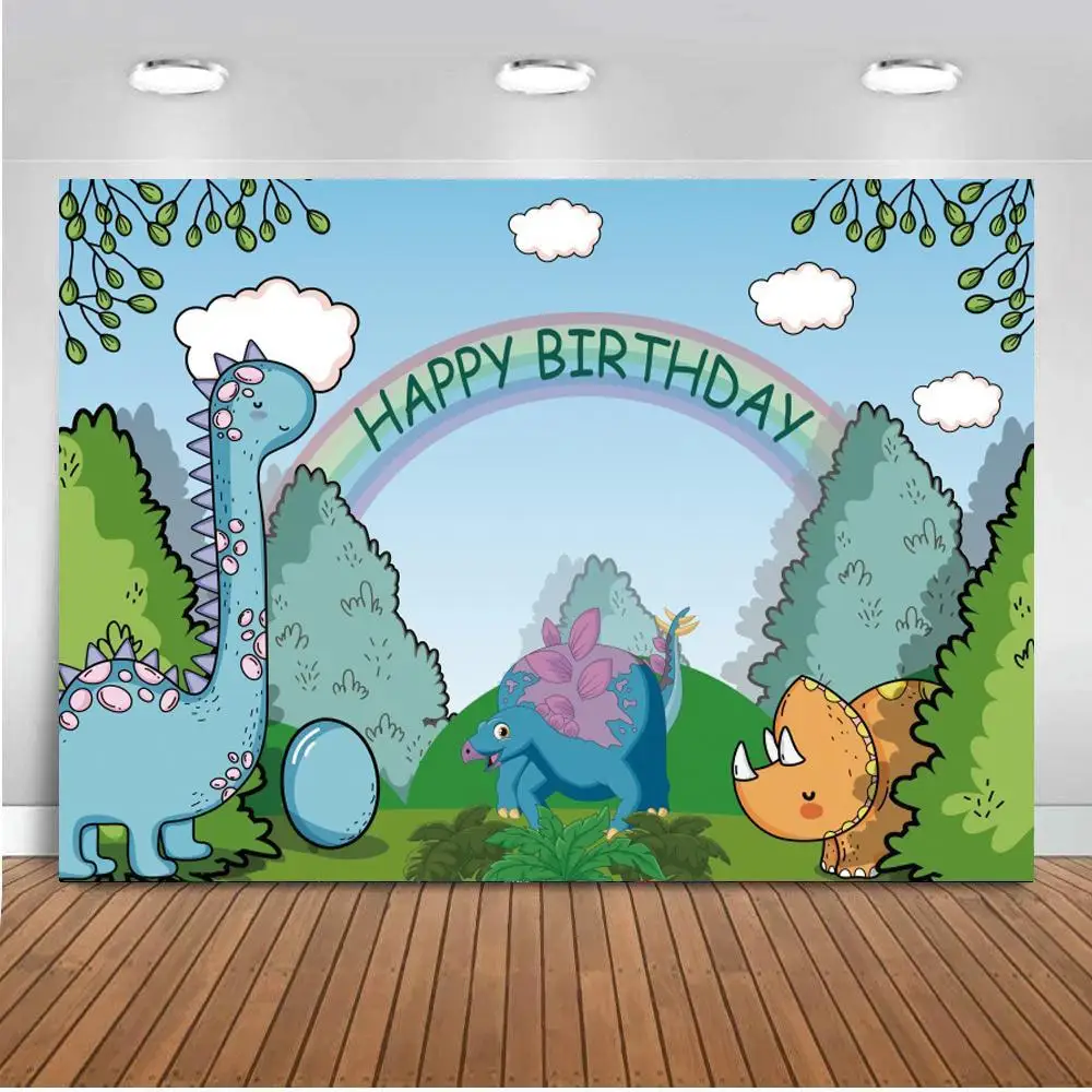 

Jungle Forest Rainbow Happy Birthday Photography Backgrounds Green Trees Dinosaur Egg Newborn Baby Wild One Photo Backdrops Prop