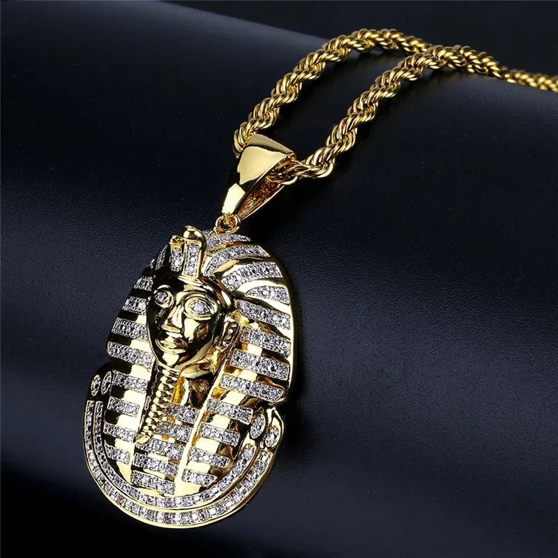 

New Fashion Arrival Hip Hop Jewelry Iced Egyptian Pharaoh Pendant Necklace Zircon Charm Gold Chain For Men Collier Collar gifts