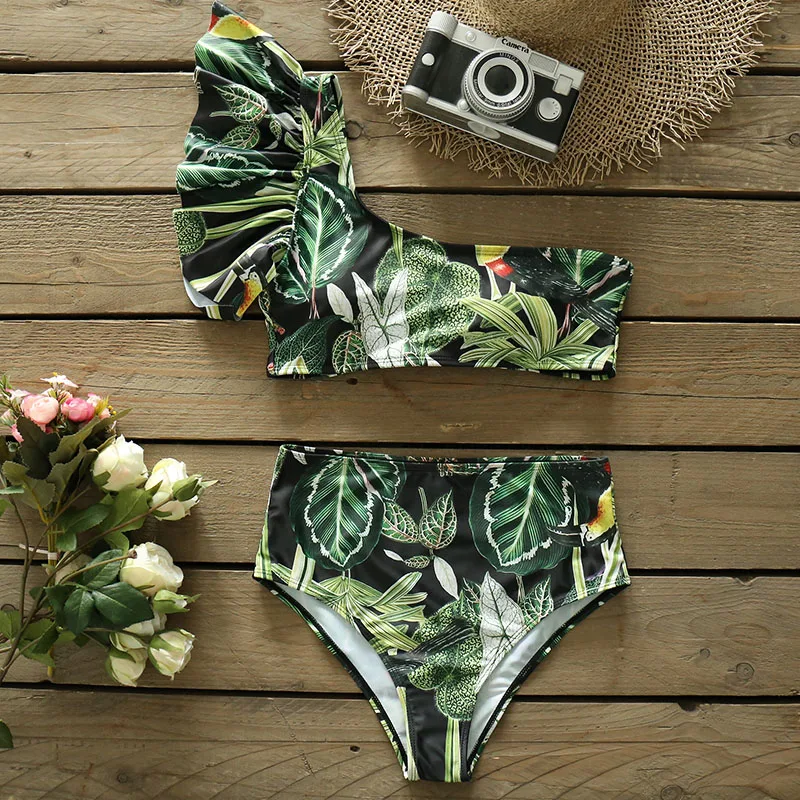 

Новинка 2021, пикантный комплект бикини на одно плечо с цветочным принтом и высокой талией, женский купальник, пляжная одежда с оборками, купа...