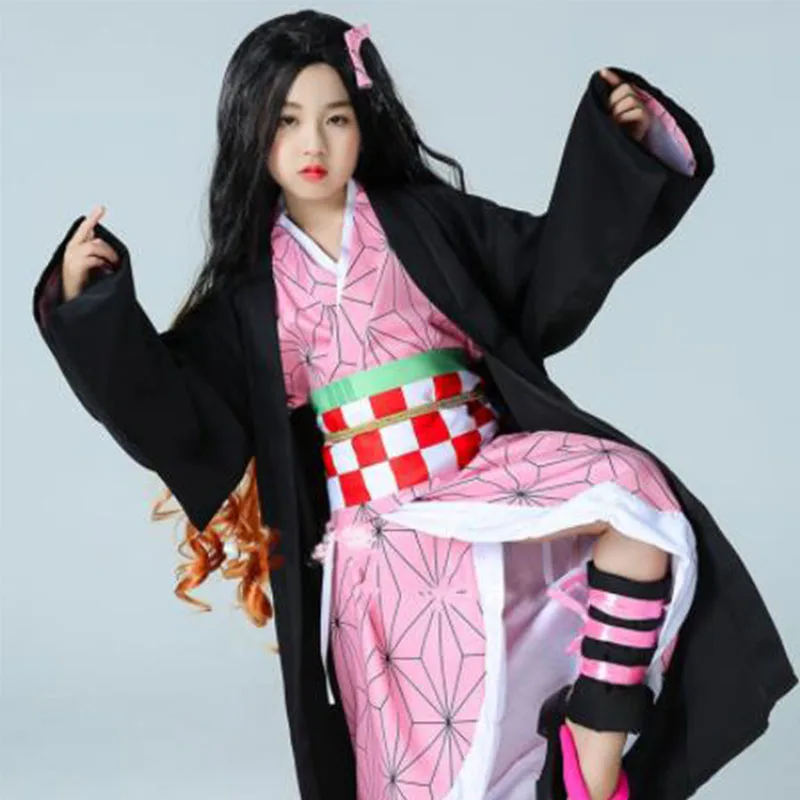 Anime Demon Slayer Kimetsu No Yaiba Zenitsu Giyu Tanjirou Kamado Nezuko Cosplay Costume Wig Kids Men Kimono Uniform Halloween