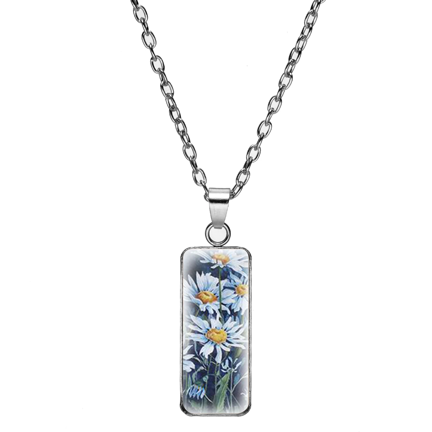 Classic Daisy Flower Oil Painting Art Necklace Vintage Painted Design Glass Cabochon Pendant Long For Women Girl Gifts |