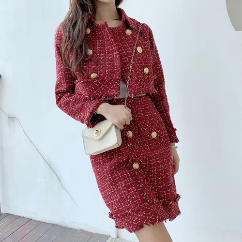 2021 Women Retro Tweed Jacket A-line Skirt Two Piece Set ladies Runway Spliced Plaid Gold trim Short Coats Skirts Outfits Suits |