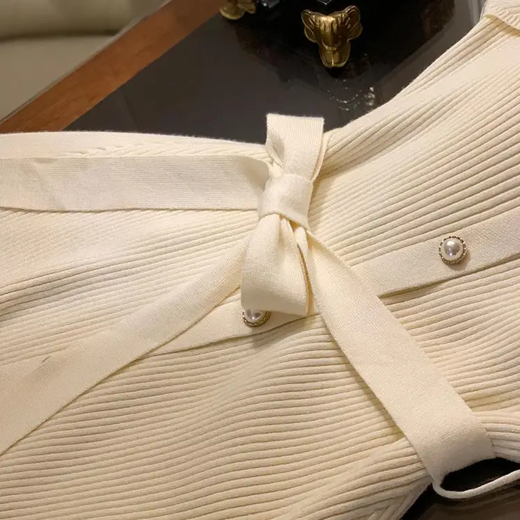 

Slim Knitted Dress Women Autumn Winter 2020 Korean Hollow Out Mid Dresses Office Ladies Long Sleeve Sweater Dress New Arrival