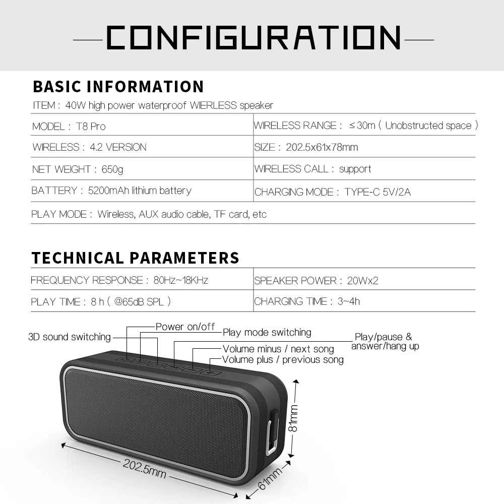 

CYBORIS Portable Bluetooth Speaker TWS Bass Wireless Speakers 40W Subwoofer Waterproof DSP Support Mic/TF/Aux/USB Outdoor Home