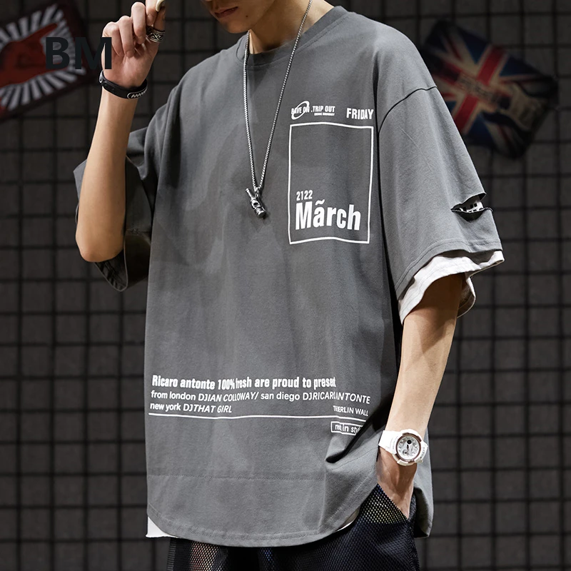 Hip Hop T Shirt Men Clothing Streetwear Oversize Tshirt Fake Two Pieces Of Harajuku Short Sleeve Fashion Korean Style Clothes | Мужская