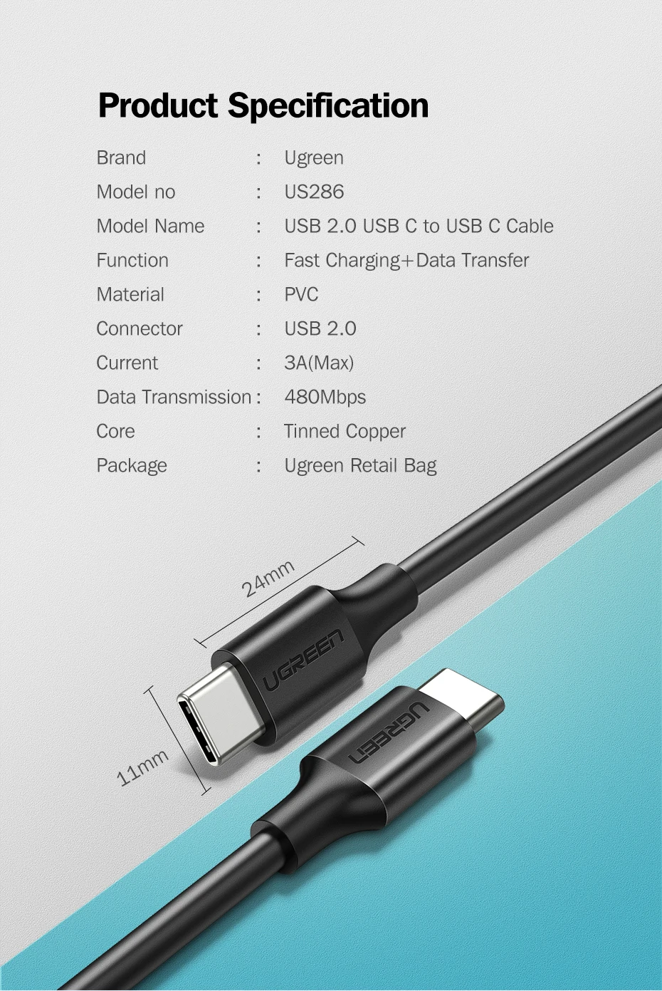 Ugreen 60 Вт USB C к usb type-C кабель для huawei mate 20 PD QC 4,0 Быстрая зарядка кабель для передачи данных для Macbook samsung S9 Plus USB C кабель