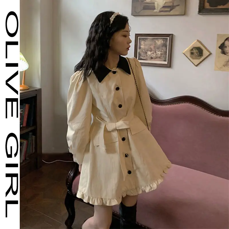 

Women Autumn Patchwork Button Sweet Mini Dress Vintage Elegant Dress Office Lady Casual kawaii Korean One-piece Dress Women 2021