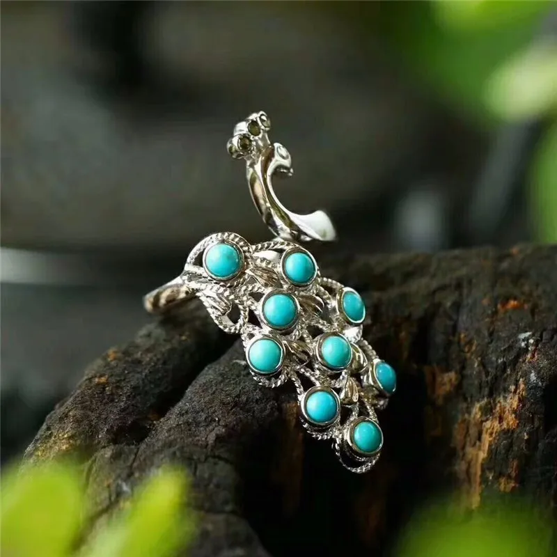 Кольцо с павлином и бирюзой серебро 925 пробы|Кольца| |