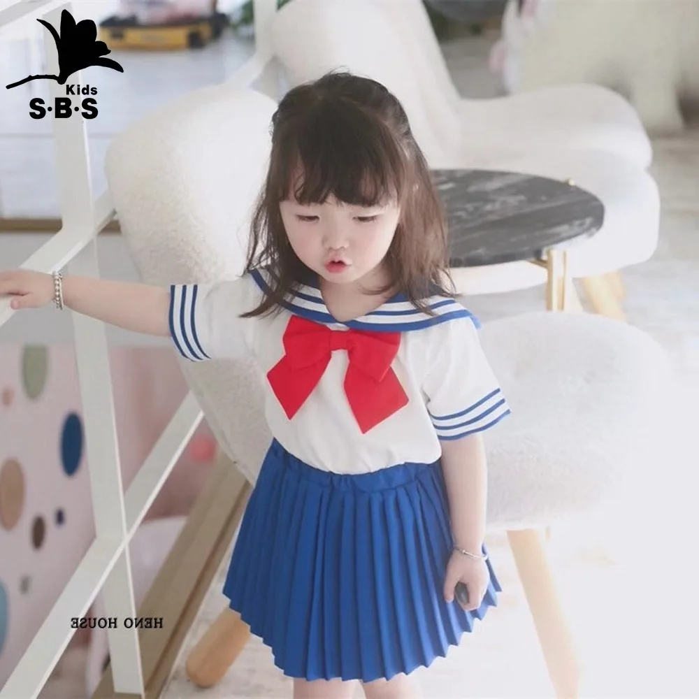 

Girls Ins Summer Short-sleeve Two-piece Suit for Small and Medium-sized Children's College Wind Pleated Skirt Sailor Moon Suit