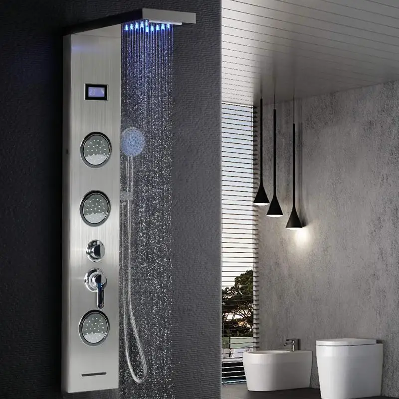 Kopen Roestvrij Staal Badkamer Douche Kraan Led Douche Panel Kolom Bad Mengkraan Met Handdouche Temperatuur Screen Hwc