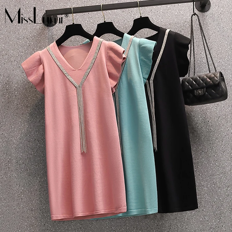 

MissLymi M-4XL Plus Size Women V-neck Tassel Dress Summer 2021 Fashion Casual Ruffle Sleeveless Knee-Length Loose Dress Pink
