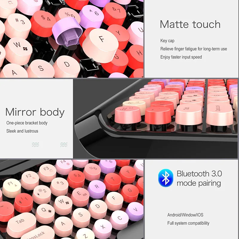 Цветная Беспроводная Bluetooth клавиатура 2 4G в стиле ретро набор мыши с круглым