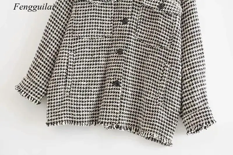 

Stylish Frayed Tassel Oversized Tweed Plaid Jacket Coat Women 2021 Fashion Long Sleeve Pockets Outerwear Chic Tops
