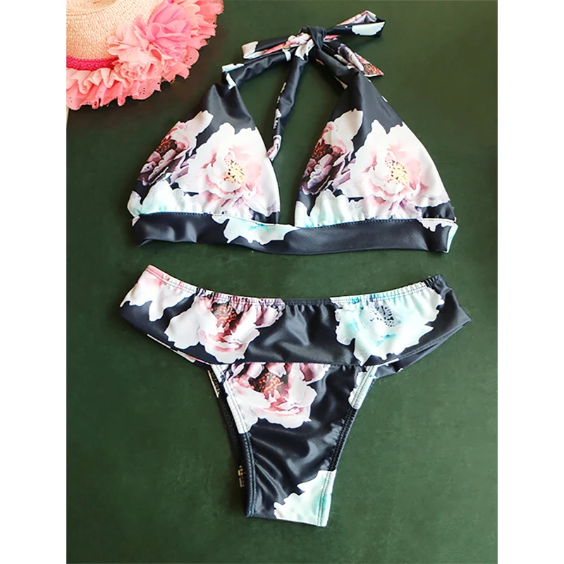 

2021 Summer Fashion Trendy Swimsuit Women's Sexy Print Bandage Halter Sling Split Triangle High Elastic Beach Bikini