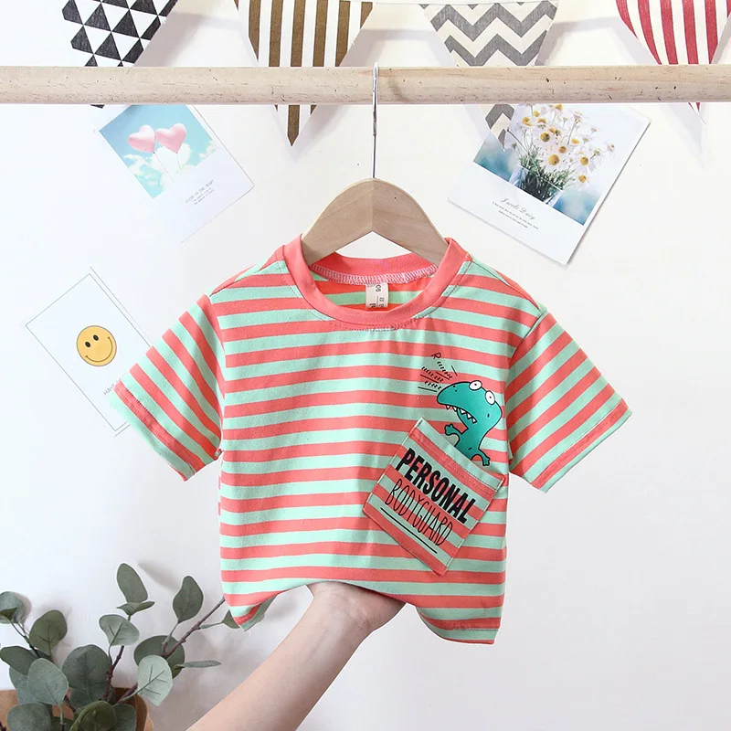 

New Summer Children Striped T Shirt Fashion Infant Cartoon Girls Baby Boys Clothes Kids O-Neck Letter Toddler Cotton Clothing