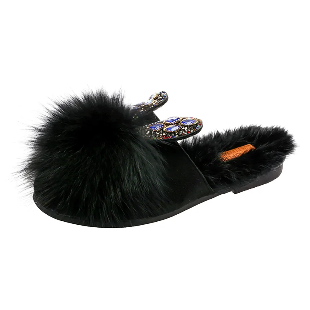 

Women's New Fluffy Add Wool Warm Flat Heels Crystal Rabbit Ears Covered Slipper Shoes Woman Casual Plush Shoes comfortable A50