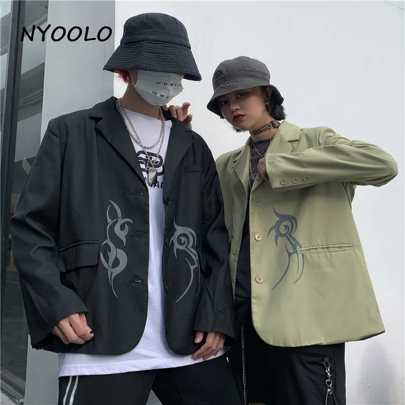 NYOOLO Harajuku Винтажная с драконом принт женский костюм с карманами Осенняя уличная одежда с длинным рукавом однобортное пальто женская мужская одежда верхняя одежда