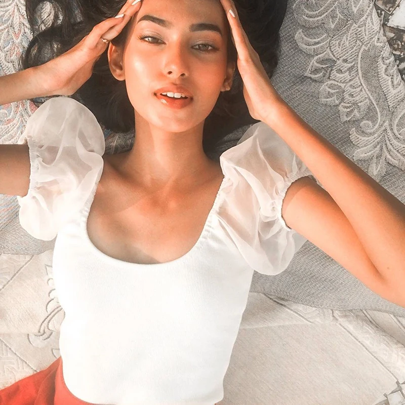 Evenworse Retro Style Square Neck T-Shirt Backless Fashion Gauze Puff Sleeve White Leisure Crop Tops 2020 New Spring Products | Женская