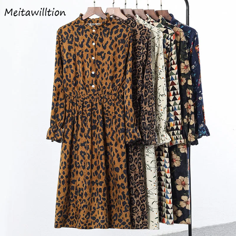 Женское вельветовое платье с длинным рукавом винтажное леопардовым принтом