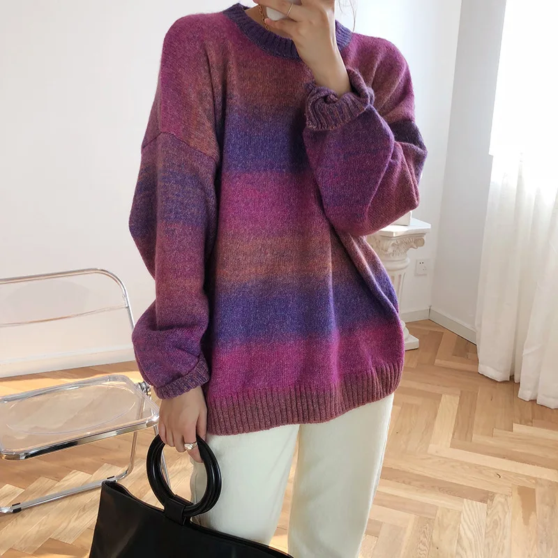 Striped Rainbow Mohair Jumper Women Autumn Winter Loose Gradient Color Knitting Sweaters and Pullovers Lantern Sleeve Coat Tops | Женская