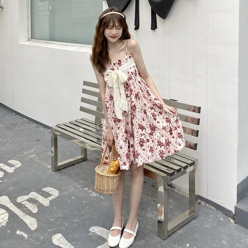 

2021 Summer Sweet Kawaii Floral Strap Dress Women Cute French Tale Print Mini Dresses Japanese Pretty Bowknot Sashes Fairy Dress