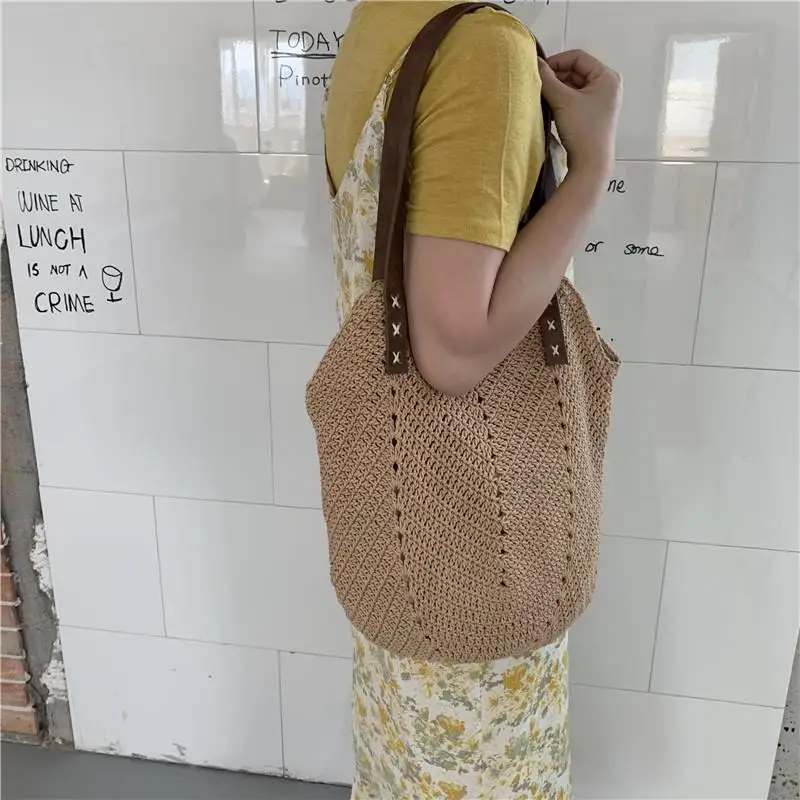 

Casual Large Capacity Straw Women Shoulder Bags Weave Handbags Handmade Summer Beach Rattan Bag Big Tote Bali Purses Travel Sac