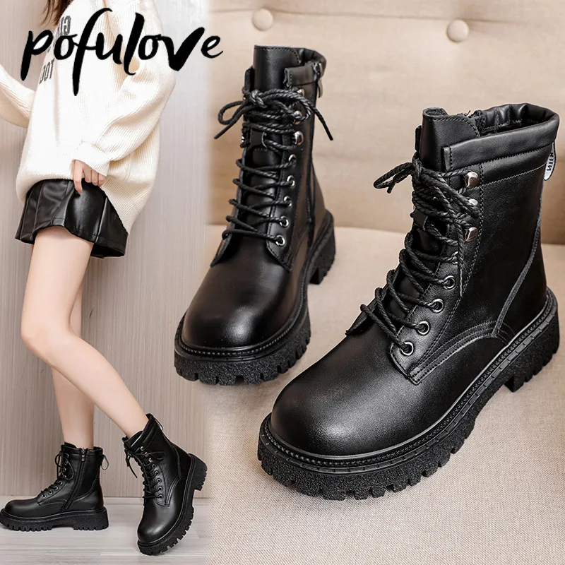 

Pofulove Leather Boots Women Winter Shoes Black Ankle Booties Platform Shoes Fashion Fall Shoes Flat Warm Fur Botas
