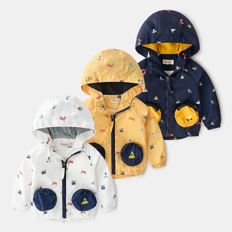 

New Spring Kids Windbreaker Boys Jacket Girls Cartoon car pocket Baby Outerwear Coats Baby Boys Girls Hooded Children Clothing