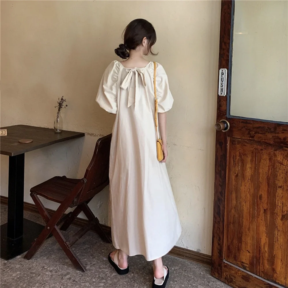 

Japan Style Korean Fashion 2021 Summer Dress Loose Casual Simple Designer Thin Solid Color Square Collar Puff Sleeve