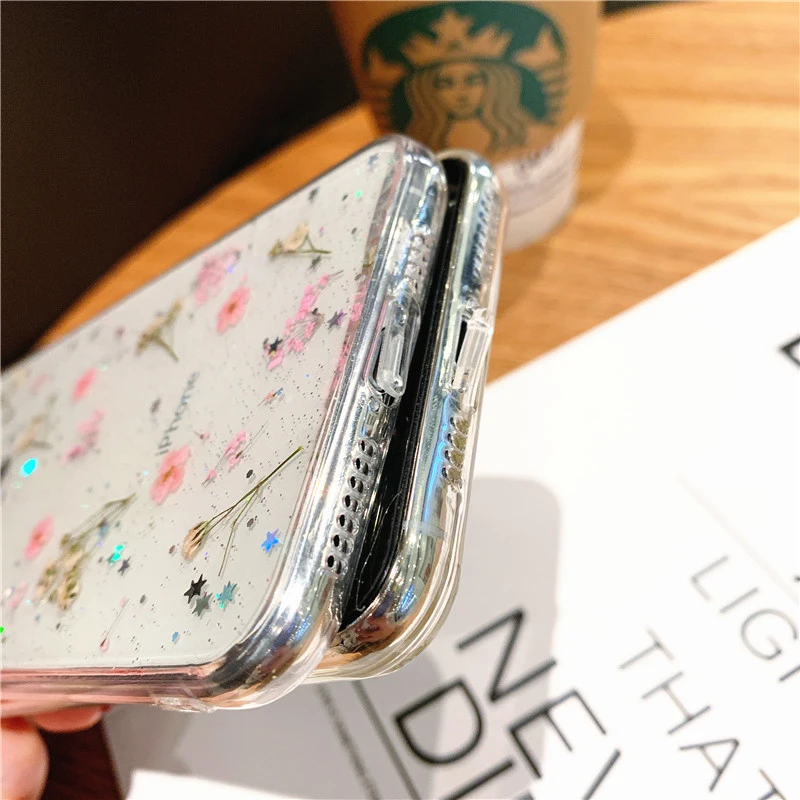 

Hot Real Dry Flower Glitter Clear phone case for apple iphone 6 7 8 Plus X XS XR MAX 11 Pro 12 MiNi Epoxy Star Transparent cover