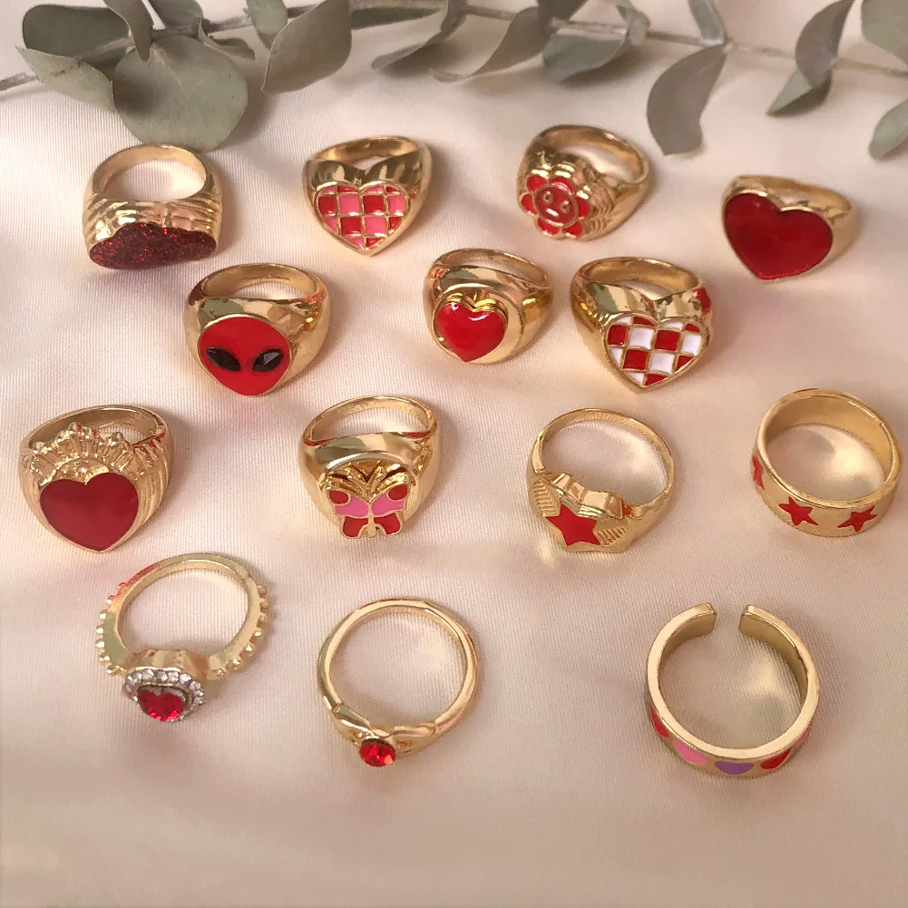 

Ins Red Bagua Tai Chi Enamel Rings For Women Trendy Y2K Vintage Smile Face Geometric Bling Moon Star Round Ring Couple Jewelry